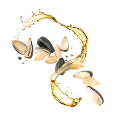 Cooking oil splash and flying sunflower seeds on white background