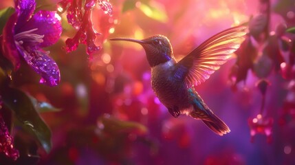 Hummingbird feeding on vibrant flowers at sunset. (1)