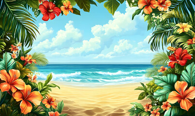 Idyllic tropical beach scene framed by vibrant hibiscus flowers and lush foliage; perfect for summer vacation or travel themes.