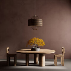 Japandi style dining room design with wooden furnitures and raw materials. Empty wall mock up in Japandi style interior. 3D illustration