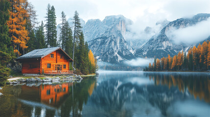 Fototapeta premium Wooden cabin by a serene mountain lake surrounded by autumn trees and misty peaks reflecting in the calm water