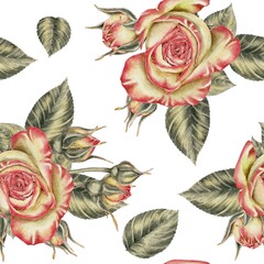 Yellow with pink Roses and buds with green leaves seamless pattern on white. For Wedding Cards, Valentine's Day, Birthday, Holidays, Invitations, packaging cosmetic, perfume, home fragrance, textile