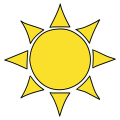 Hand drawn cartoon yellow sun icon on white background.