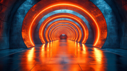 Naklejka premium A futuristic neon-lit tunnel with glowing orange circular arches, reflecting on the glossy floor, creating a symmetrical modern design