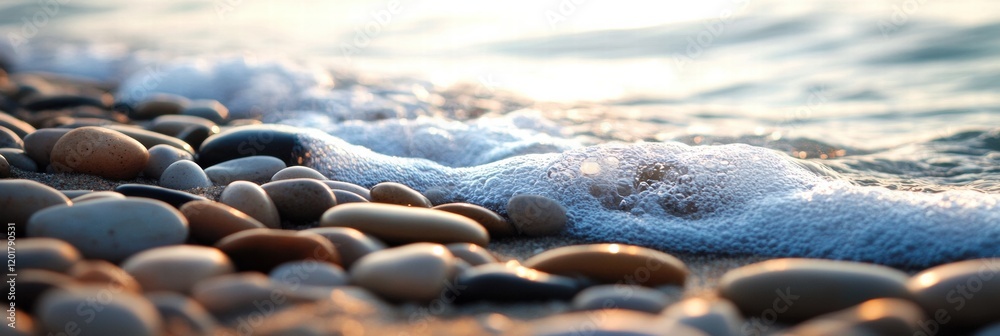 Aufkleber close up view of smooth beach pebbles as gentle waves wash over them during sunset near a tranquil s