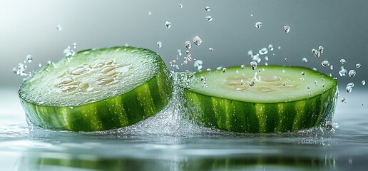 Fresh cucumber slices splashing in water. Healthy food