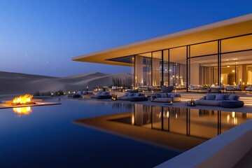 Fototapeta premium Modern desert hotel with elegant architecture, lounge area, and starlit views