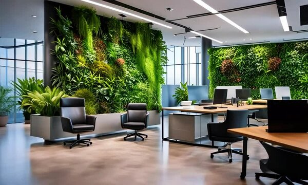 Modern Business office with blurred Integrating indoor plants and vertical gardens for a touch of nature and improved air quality, 4k Animation Video