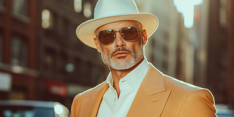 High fashion concept. Portrait of fashionable mature male model walking in luxurious clothing among New York buildings. Luxury brands campaign style. Banner. Outdoor shot