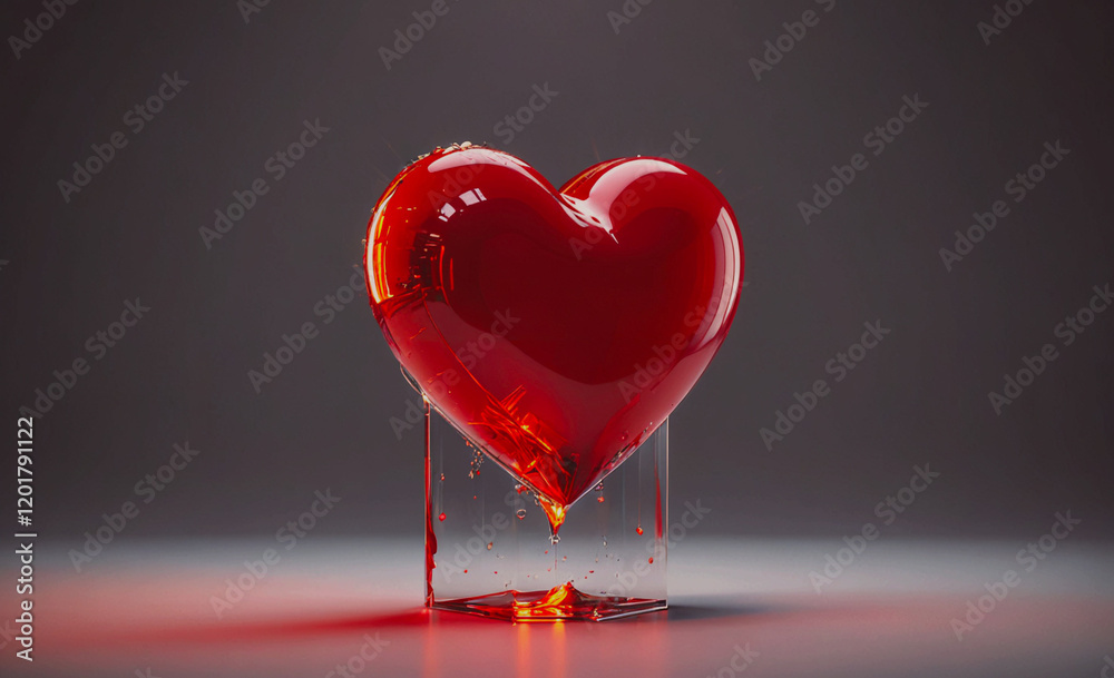 Poster a heart made of glass with a red liquid dripping from it. the heart is surrounded by a dark backgrou