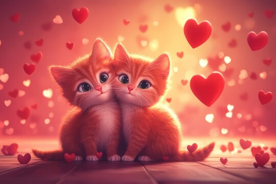 Two ginger kittens and hearts flying around