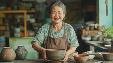 A woman is holding a bowl and smiling