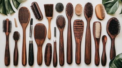Wooden hairbrushes and body brushes arranged on white background, flatlay, beauty and wellness