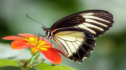 Fototapeta premium Close-up of a black and white butterfly on an orange flower.