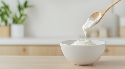 Creamy yogurt pouring from a wooden spoon into a bowl on a kitchen counter. The setting is bright and airy, evoking a sense of freshness and health. 