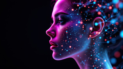 Obraz premium A woman's face merging with digital elements, symbolizing AI integration.