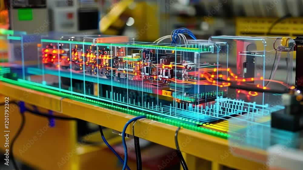 Poster a detailed image of wiring and sensors installed on an assembly line robot with a digital overlay in