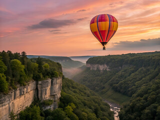 Naklejka premium A colorful hot air balloon floating above a scenic canyon at sunrise