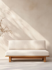 Minimalist sofa placed against a neutral wall with soft lighting in a calming interior space