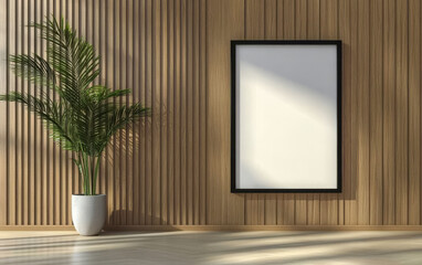 Contemporary indoor space featuring a large blank frame and a potted plant in a stylish setting