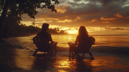Obraz premium Couple silhouetted at sunset, ocean beach, chairs.