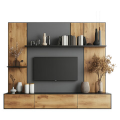 Modern Wooden Wall Unit with Decorative Items on Transparent Background