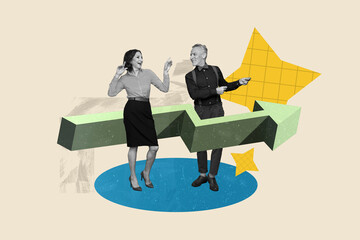 Creative trend artwork design 3D collage sketch of middle age woman man dance stand together arrow way point goal stats business trade