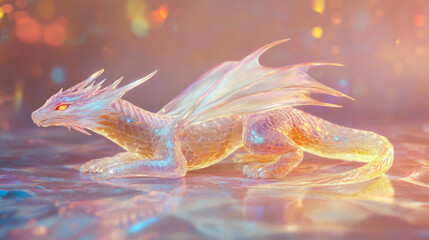Holographic Dragon Resting on a Shimmering Surface With Vibrant Colors at Dusk