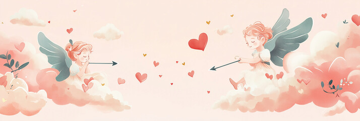 Two charming cherubs aim love arrows at each other, surrounded by clouds and floating hearts. Generative AI
