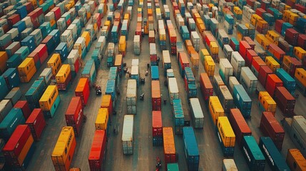 Fototapeta premium A massive shipping container yard, viewed from above, organized rows of containers in different colors, efficiency in shipping