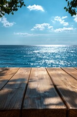 Fototapeta premium Serene Wooden Table Overlooking Blue Sea and Sky