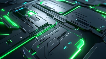 Abstract Futuristic Technological Panel with Glowing Green Lines