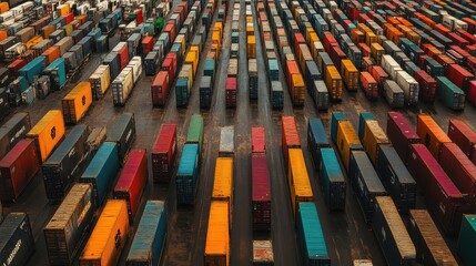 A massive shipping container yard, viewed from above, organized rows of containers in different colors, efficiency in shipping 
