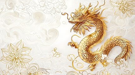 Fototapeta premium Elegant Golden Dragon Motif with Intricate Floral Patterns on White Background