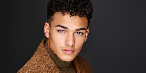 An aspiring actor posing for headshots in a professional studio.