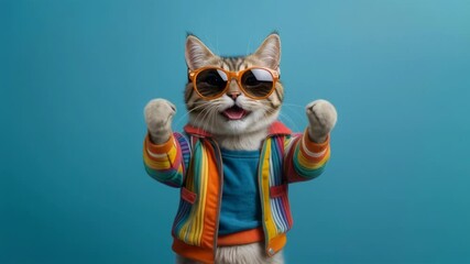 A playful and stylish cat wearing sunglasses and a colorful clothes, dancing. This vibrant and humorous image captures the quirky personality of cats and brings a smile with its bright colors and whim