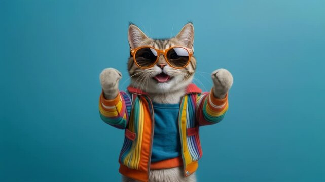 A playful and stylish cat wearing sunglasses and a colorful clothes, dancing. This vibrant and humorous image captures the quirky personality of cats and brings a smile with its bright colors and whim