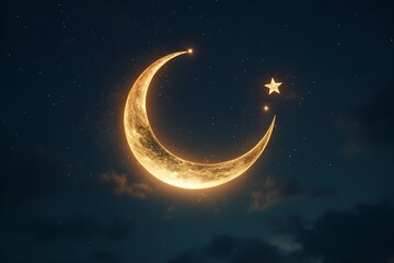 Naklejka premium Glowing Crescent Moon and Star in a Peaceful Starry Night Sky Depicting Tranquility and Celestial Beauty