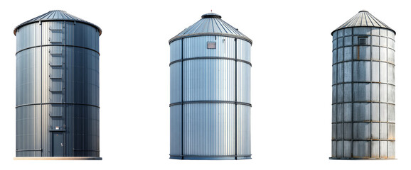 Isolated Steel Silos Set on Transparent Background for Design Use