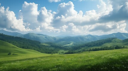 Fototapeta premium A large, lush green field with a few trees in the background