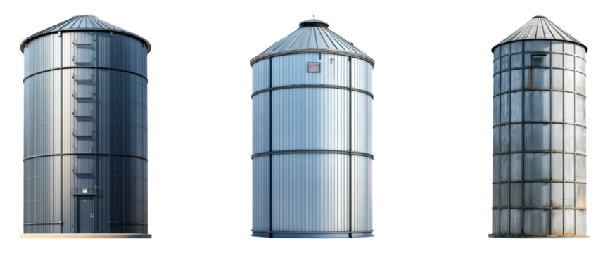 Isolated Steel Silos Set on Transparent Background for Design Use