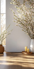 Modern interior design featuring blooming branches and soft sunlight in a cozy room