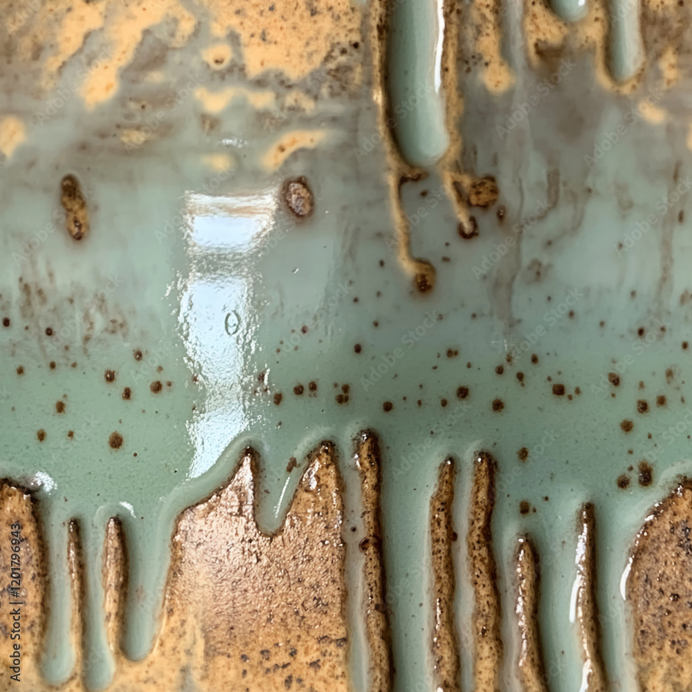 Poster glazed ceramic texture with dripping green glaze and speckled pattern