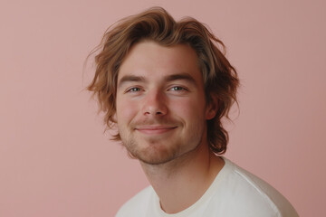 Fototapeta premium smiling young man with messy hair on pink background