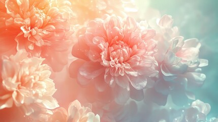 Dreamy Soft Focus Floral Background with Pink and Peach Chrysanthemums in Gentle Sunlight