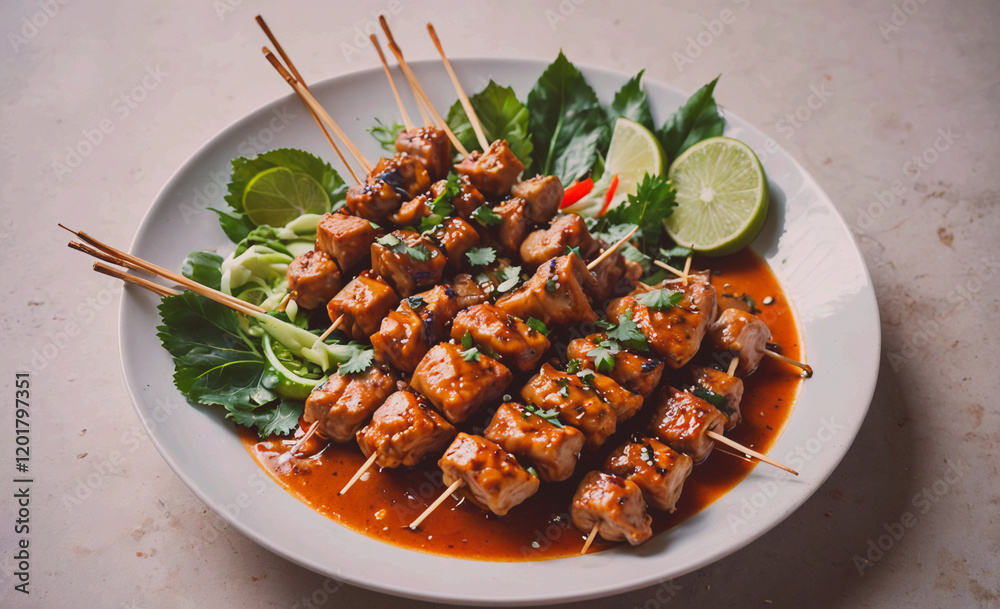 Poster a plate of meat skewers with a sauce and a side of lime. the plate is white and the meat is brown
