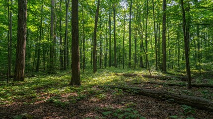 Obraz premium Sunlit forest floor with tall trees and fallen logs.