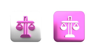 Colorful Scales of justice icon isolated on white background. Court of law symbol. Balance scale sign. Square button. 3D render illustration