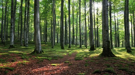 Fototapeta premium Sunlit path through a lush green forest with moss-covered ground and tall trees.