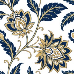 Fototapeta premium A beautiful floral pattern featuring gold and navy blooms intertwined with delicate leaves on a white background.